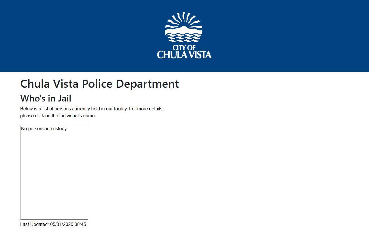 Chula Vista Police Department Jail current list for San Diego County custody search