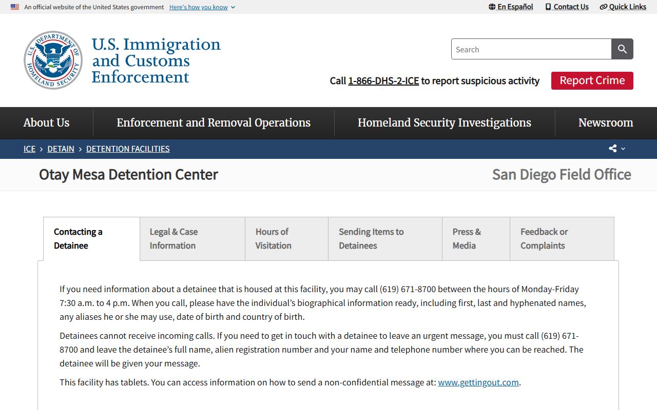 ICE Otay Mesa Detention Center page for San Diego County detainee lookup