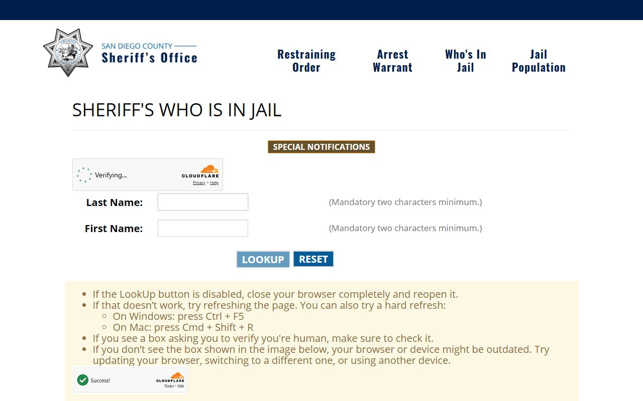 San Diego County inmate population Who's In Jail roster search